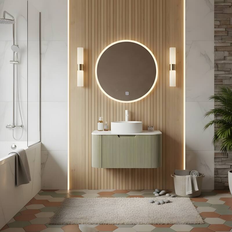 Wall Mounted Bathroom with White Round Ceramic Basin and Drawer