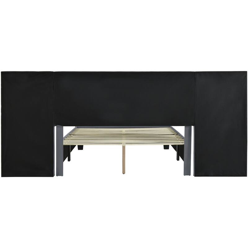 Queen Size Upholstered Platform Bed with Big Headboard, Velvet