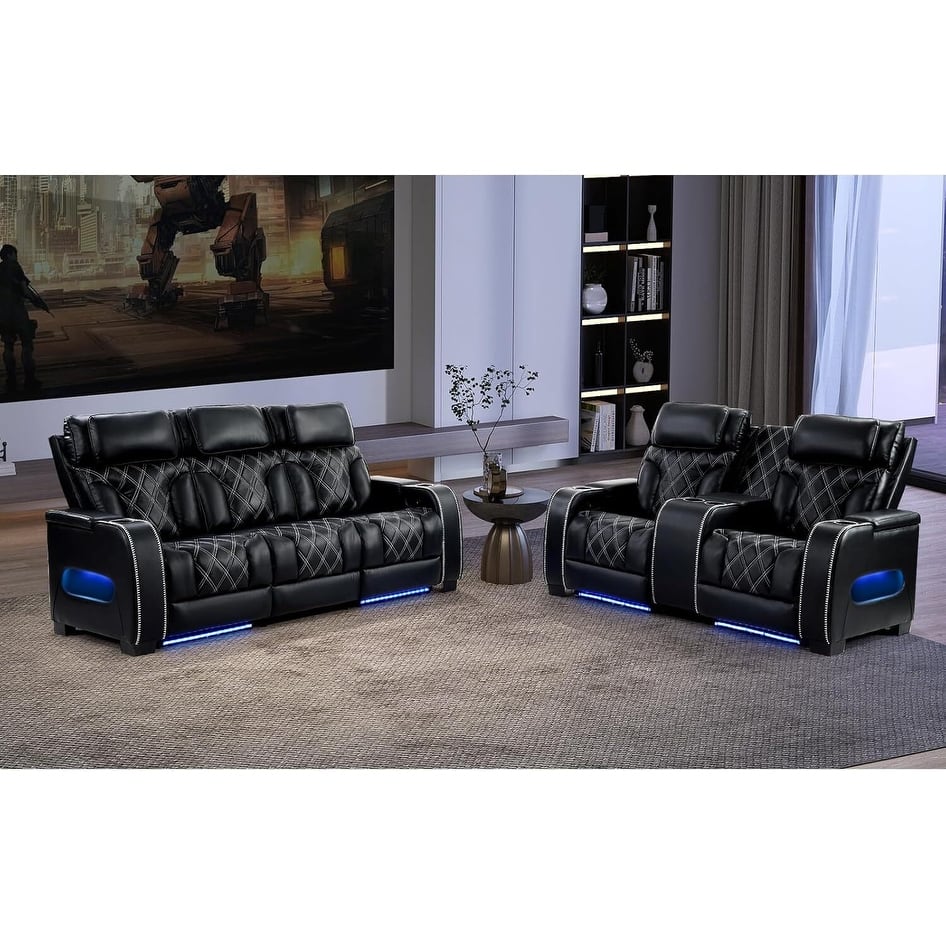 Power Recliner Chair with Adjustable Headrest, Breathable PU Leather Home Theater Seating with Ambient Lighting,Cup Holders
