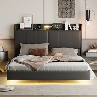 Queen Size Floating Bed with Storage Headboard, Upholstered Platform Bed with Touch Sensor Night Light and USB Charger, Black