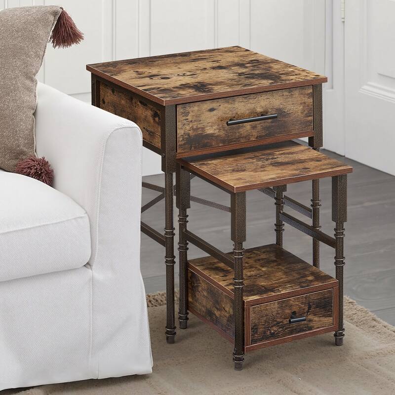 VECELO Small Coffee Table Set of 2, Coffee Table with Steel Frame, Side End Table for Living Room