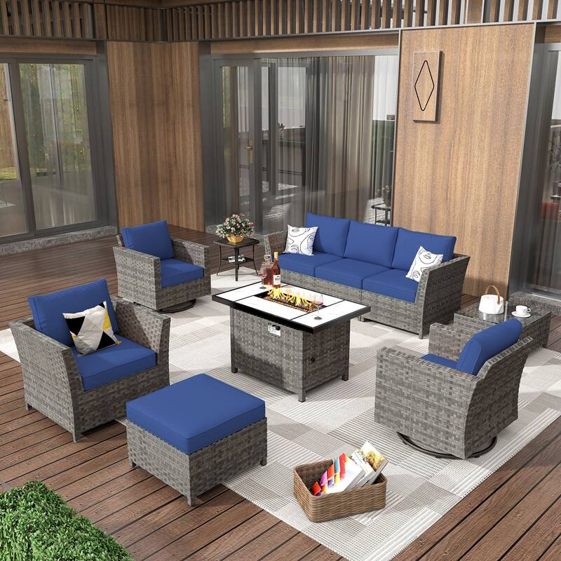 HOOOWOOO 10-piece Wicker Patio Furniture Outdoor Sectional Sofa Set with Fire Pit - Navy Blue