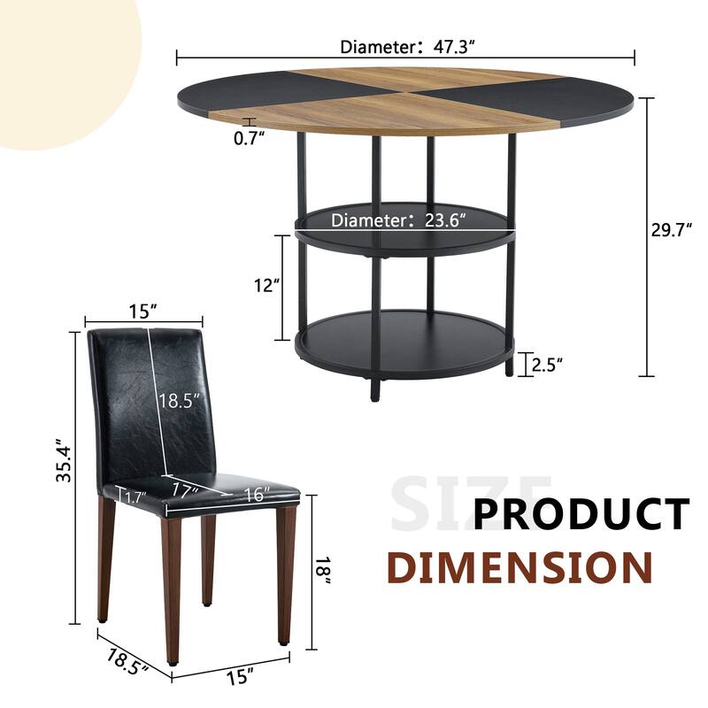 Roomfitters 5/7pcs Round Color Spliced Dining Table Set with Double Storage and PU Dining Chairs, Black+Walnut