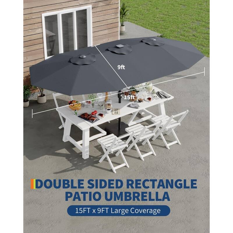 Coromose 15FT Large Patio Umbrella, with Solar Lights, for Deck Poolside Backyard - Grey
