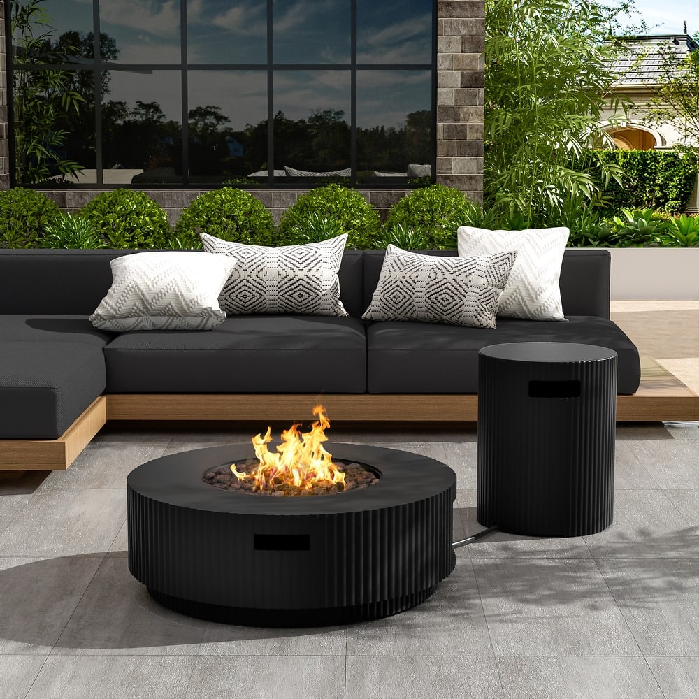 Christopher Knight Home - Trenton Outdoor Fire Pit Table and Side Table Set with Travertine Stone Texture and Durable MGO Build