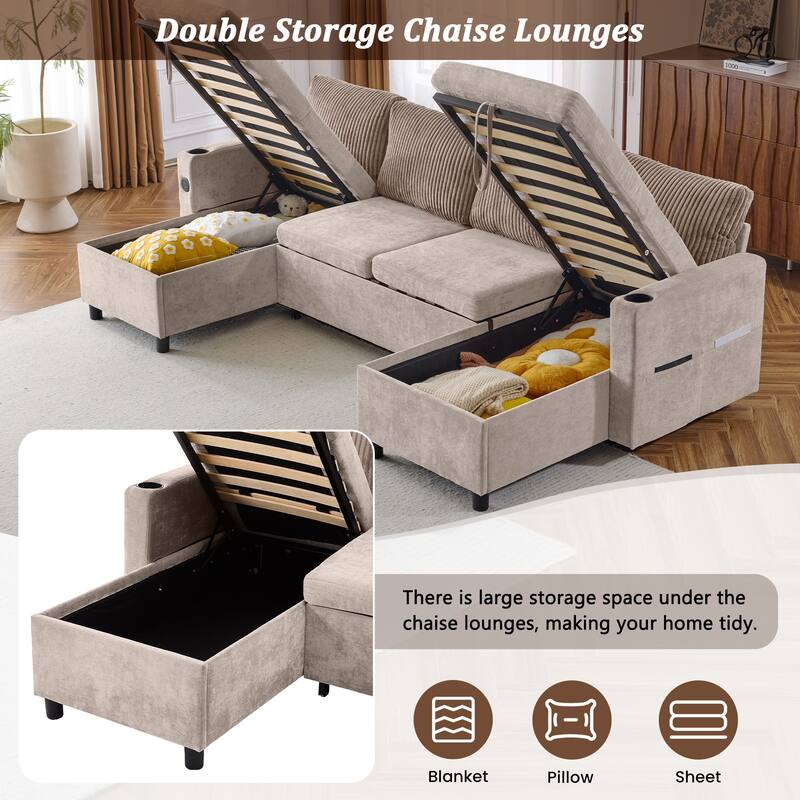 Chenille Sectional Sofa Convertible Sleeper Sofa, U Shaped Couch Sofa with 2 Storage Chaise Lounges and 2 Pillows