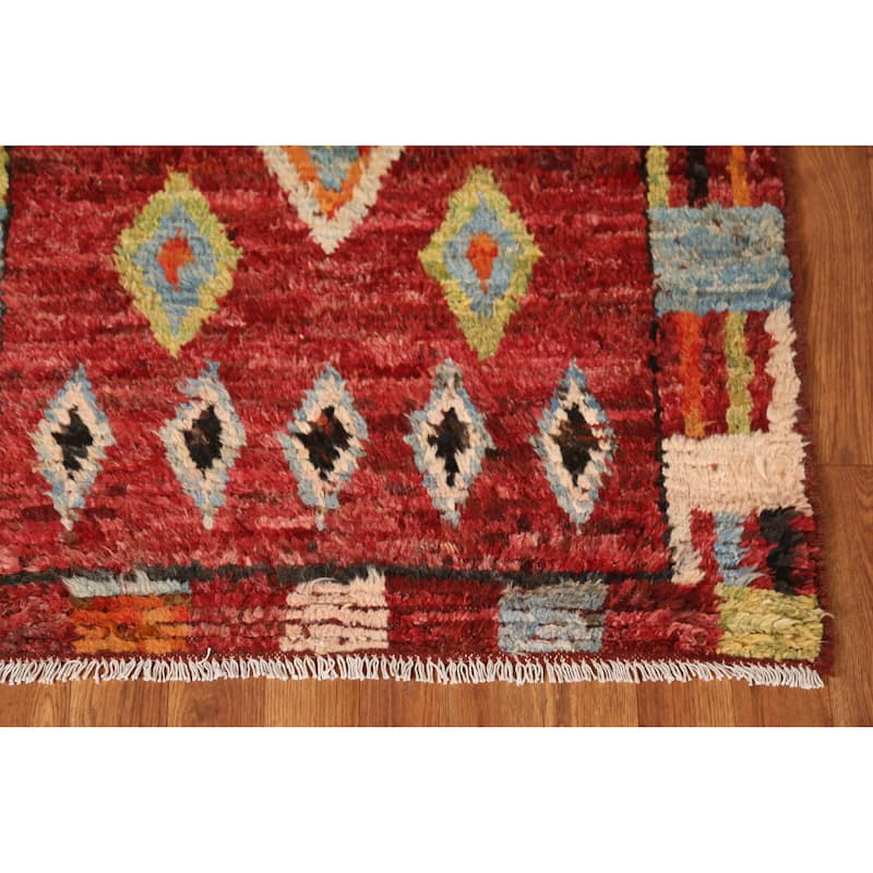Geometric Red Moroccan Oriental Runner Rug Handmade Wool Carpet - 2'11" x 9'9"