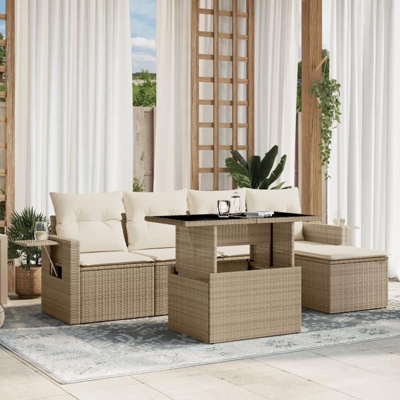 vidaXL Patio Sofa Set with Cushions Outdoor Furniture 6 Piece Poly Rattan - 21.7 x 39.4 x 28.7 - Beige and Cream-without storage