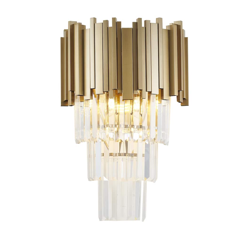 3-Light Brushed Gold Stainless Steel Wall Sconce With Clear Hanging Crystals
