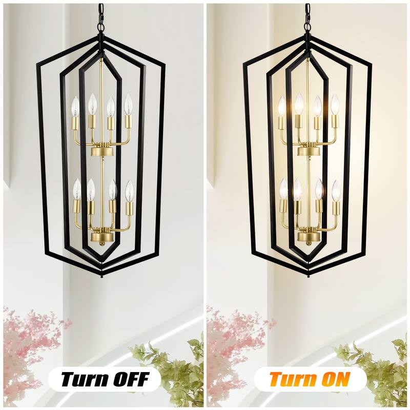 8-Light Black and Gold Lantern Chandelier, Adjustable Ceiling Pendant Light for Dining Room, Kitchen, Living Room, Entryway