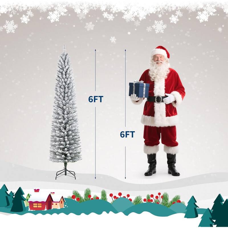 6ft Prelit Flocked Pencil Christmas Tree with Lights, Slim Artificial Xmas Tree with Snowy Branch