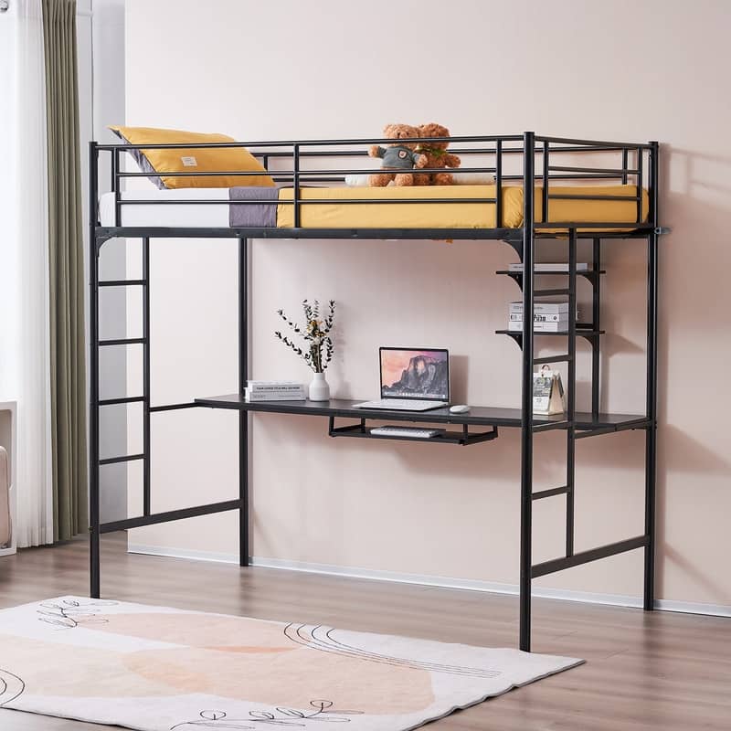 Metal Loft Bed with Desk & Shelves