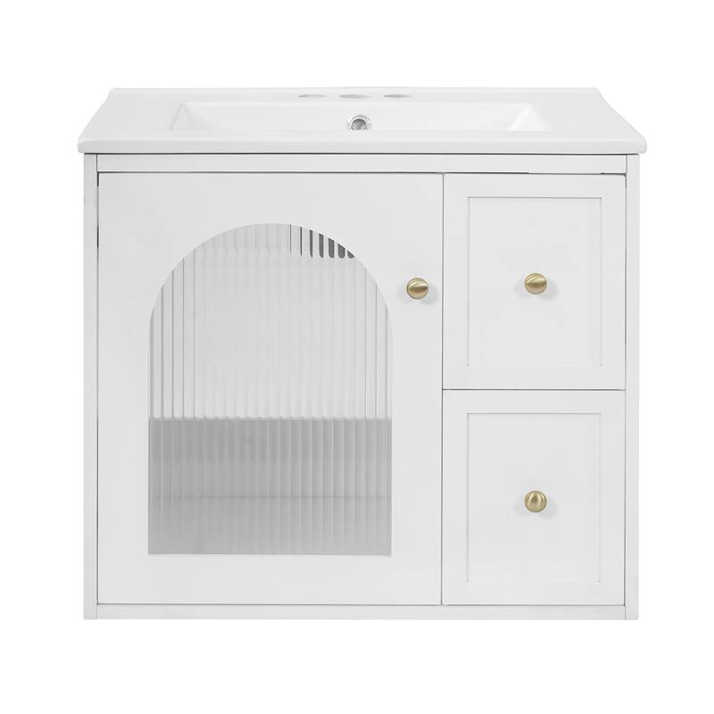 Wall Mounted Bathroom Vanity Set with Ceramic Sink, Floating Bathroom Cabinet with Glass Door - 24 Inch