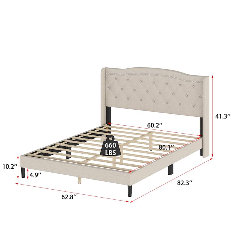 TB117-Certified Beige Queen Upholstered Bed Frame, Anti-Wear, Diamond Tufted Headboard