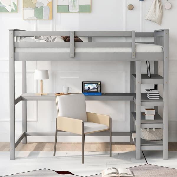 slide 2 of 84, Space-Saving Loft Bed with Storage Shelves and Desk, Solid Wood Loft Bed Frame with Ladder and Guardrail for Kids Teens Adults Grey - Twin