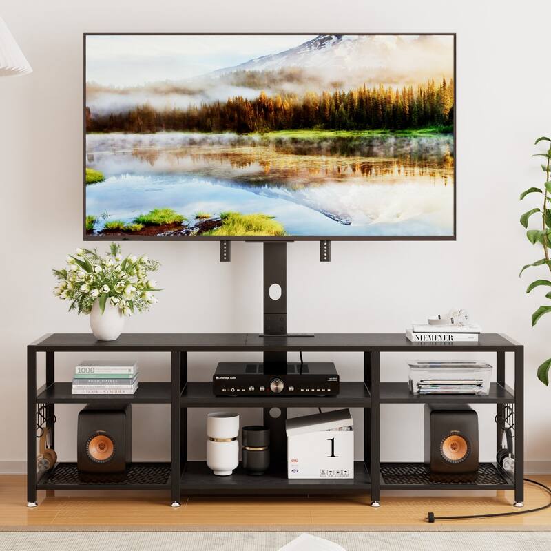 VECELO TV Stand with Mount and Power Outlet, Swivel TV Stand Mount for 32~70 inch TVs, Height Adjustable TV Entertainment Center