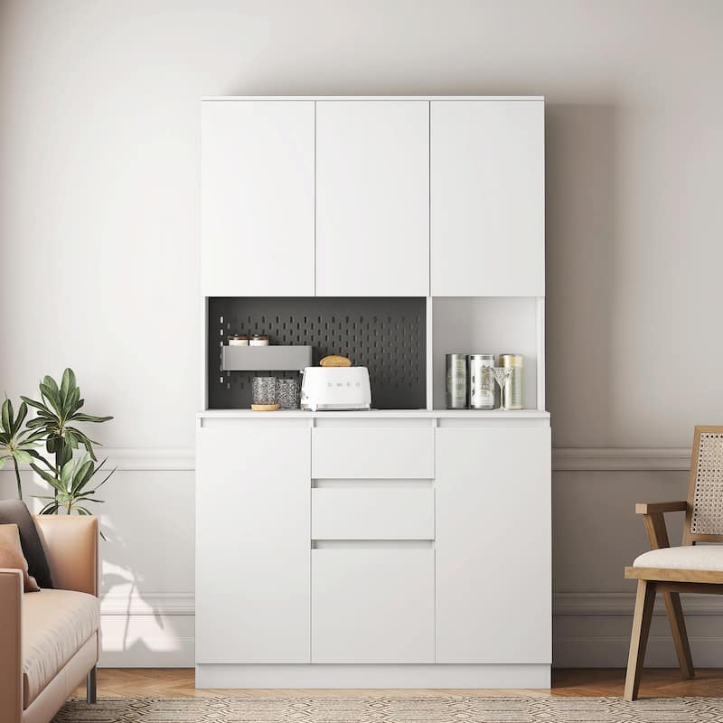 74" Kitchen Pantry Cabinet with Charging Station, Drawer and LED Lights