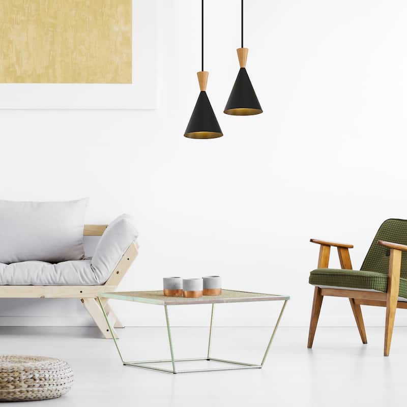 Modern Black/White Pendant Light Fixture with Plug in Cord Wood Metal, Adjustable Chandelier Hanging Lamps for Bedroom