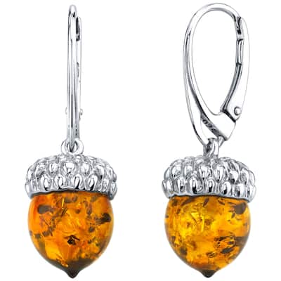 Baltic Amber Acorn Drop Earrings in Sterling Silver