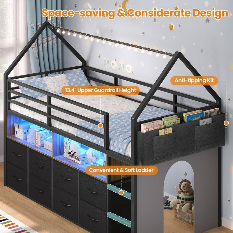 House Low Loft Bed Twin Size Storage Drawers Bookcase LED Lights