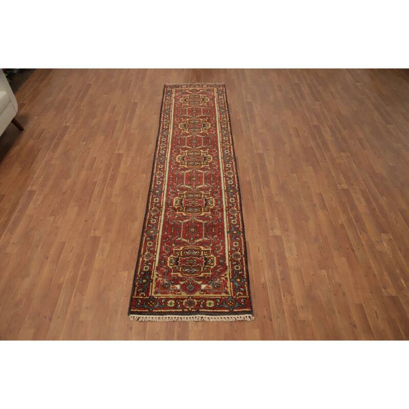 Hand Knotted Oriental 100% Wool Carpet Traditional Geometric Oranges & Rust Heriz (serapi) Runner Rug - 10' 0'' X 2' 6''