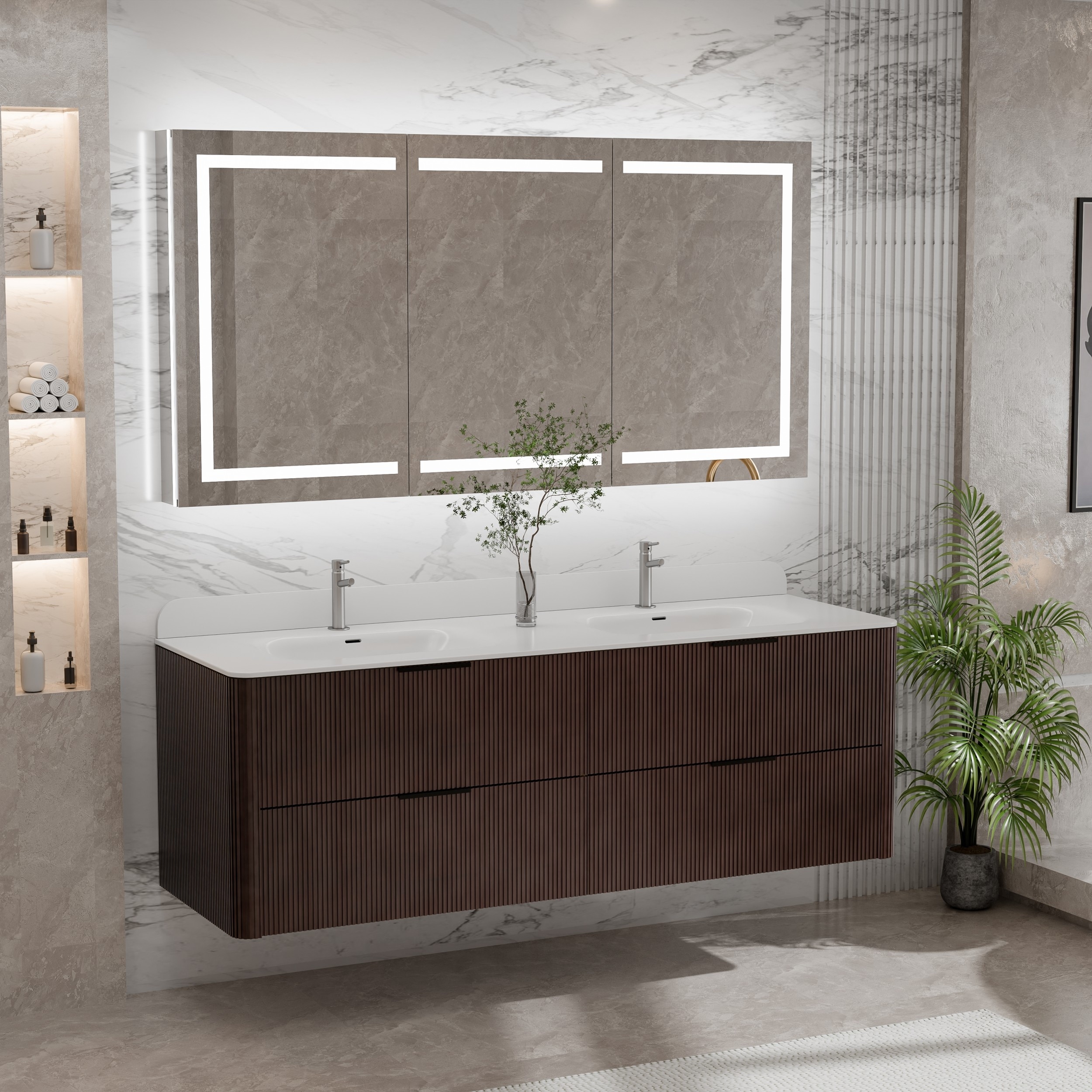 60 Inch Floating Wall-Mount Double Bathroom Vanity with Sink, Fluted Wood Grain and Soft Curved Edges, Walnut/Oak/Matte Black