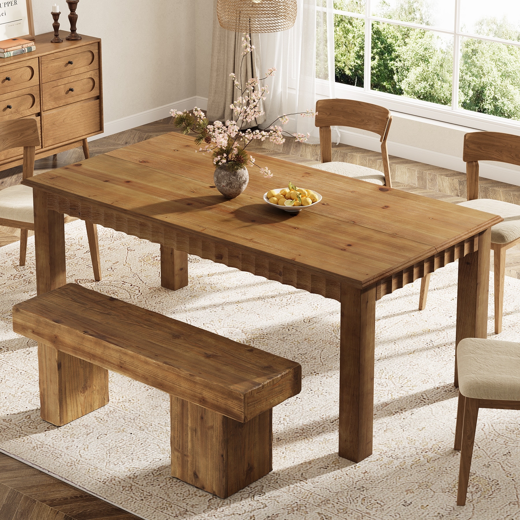 Solid Wood Dining Table for 63-Inch Farmhouse Table, Rustic Brown/Black - 62.99" L x 31.5" W x 29.53" H