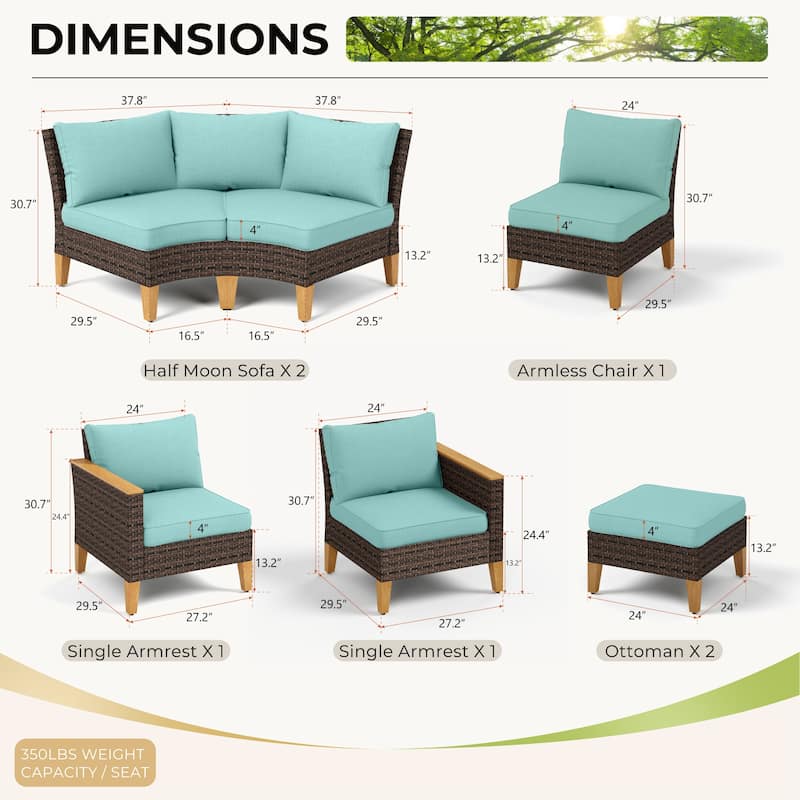 12-Seat Outdoor Wicker Half-Round Furniture Set, Half-Moon Sectional Sofa All Weather Curved Conversation Set
