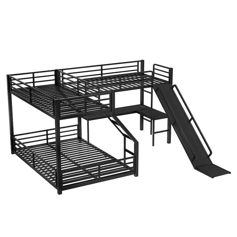 Roomfitters L-Shaped Twin over Queen/Full Metal Triple Bunk Bed with Twin Loft, Slide & USB Ports, Space-Saving Noise-Free Frame