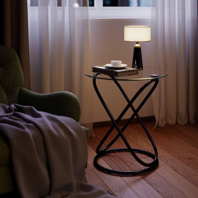 Tempered Glass Round Side/End Table with Metal Legs - 19.7"Dia Top x 21.7"H x 15.6"Dia Base