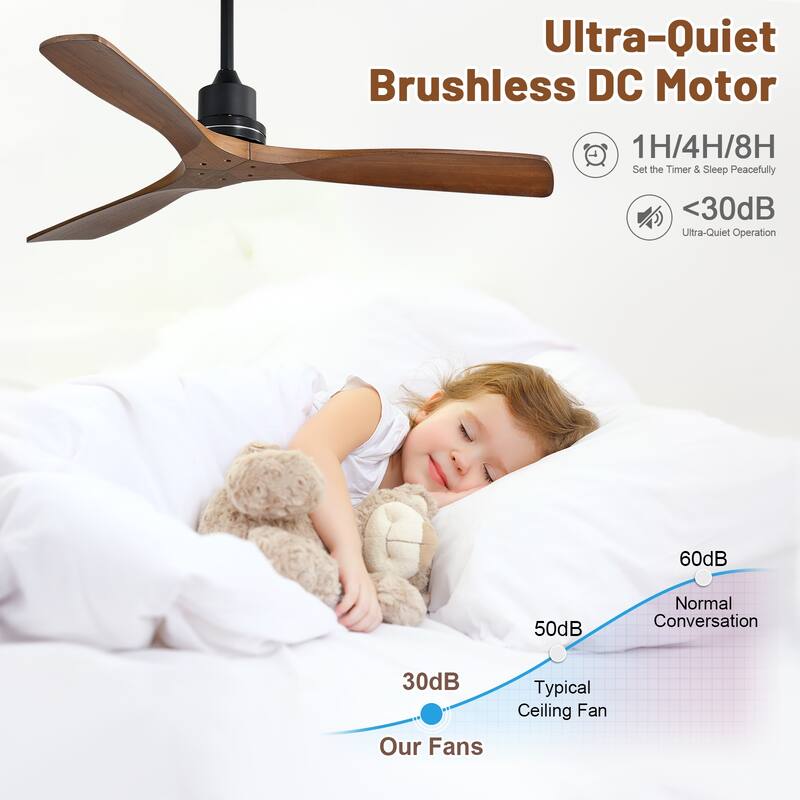 Sofucor 52 Inch Ceiling Fan without Light Solid Wood,with Remote,Smart Optional-Alexa/Google Assistant/APP/Remote Control
