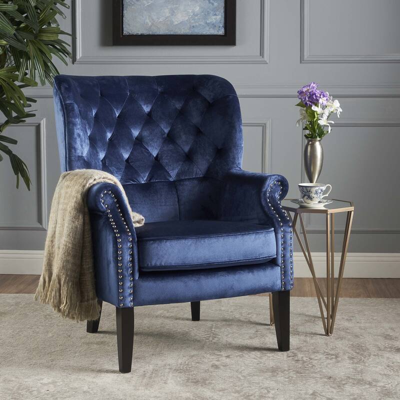 Roomfitters Velvet Tufted Accent Chair with Rolled Arms and Nailhead Trim, Classic Lounge Chair