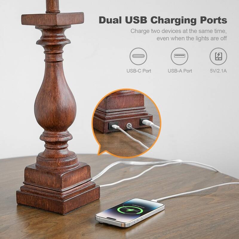 27" Farmhouse Table Lamp Set of 2 with USB A and C