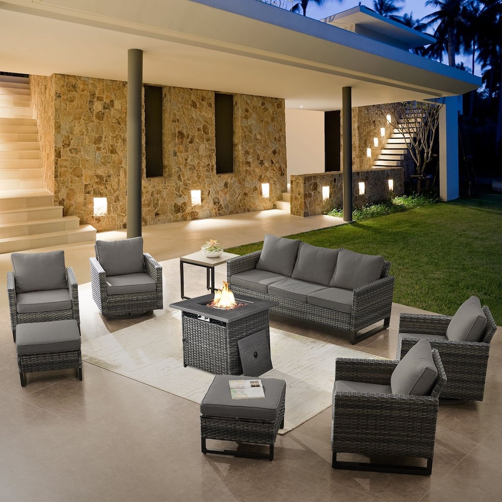 Patio Sofa with 2 Club Chair,2 Swivel Chair and Fire Pit Table