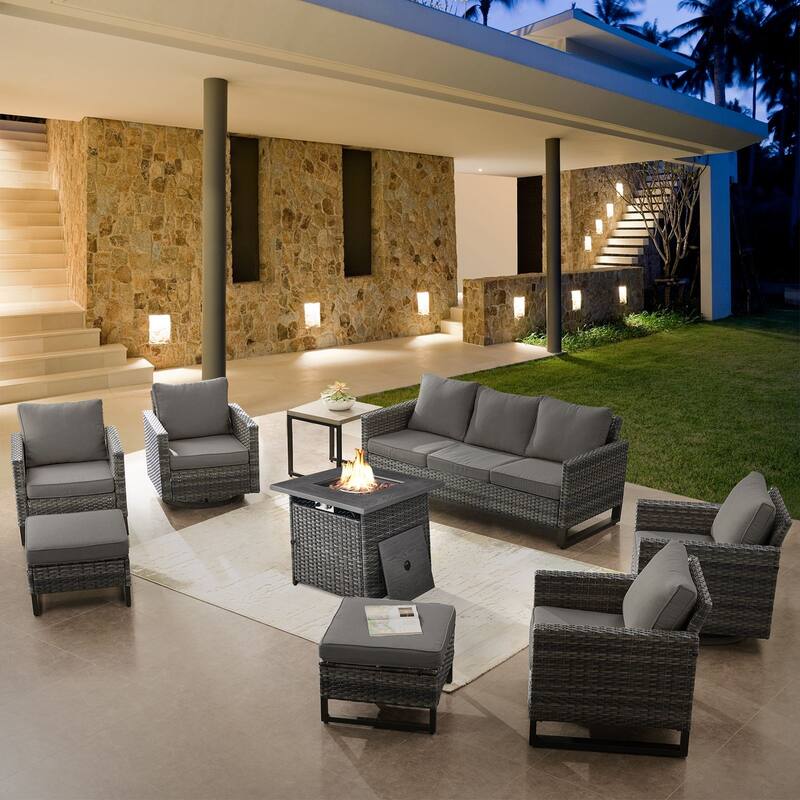 Patio Sofa with 2 Club Chair,2 Swivel Chair and Fire Pit Table - Grey - Grey
