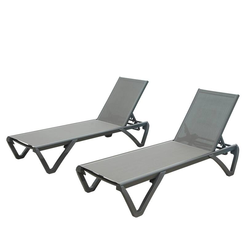 Modern Outdoor Chaise Lounge Set of 2 All Weather Reclining Chair with Wheels and Adjustable Backrest for Beach Yard Pool - Gray