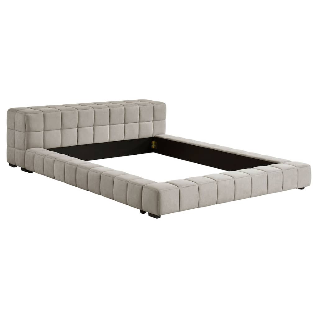 Light Taupe Full Upholstered Platform Bed with Deep Rectangular Tufted Headboard Design