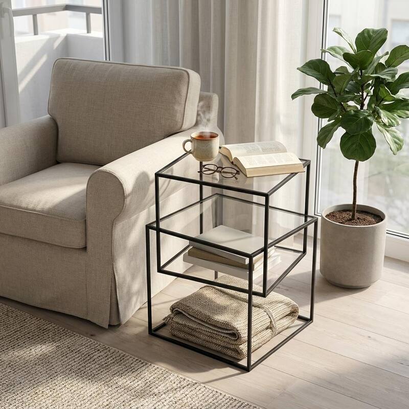 Modern Minimalist Sofa Glass Side Table - Black