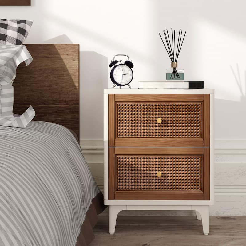 COZAYH Woven Cane Front Accent Nightstand with Brass Knobs, Accent Dresser