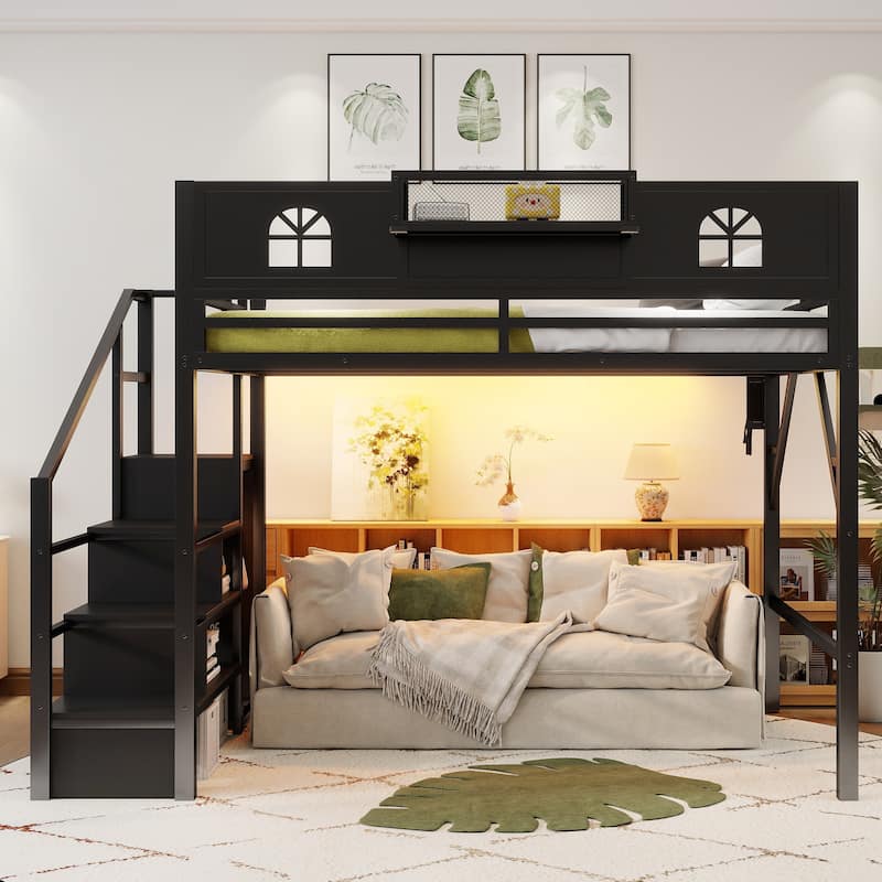 High Loft Bed Frame with Storage Stairs and Wardrobe, Loft Metal Frame Bed with High House Shaped Guardrails for Kid Teens