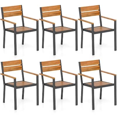 Brown and Black Acacia Wood Patio Dining Chairs Set of 6 with Metal Frame, Stackable - 22.5" x 24" x 34"