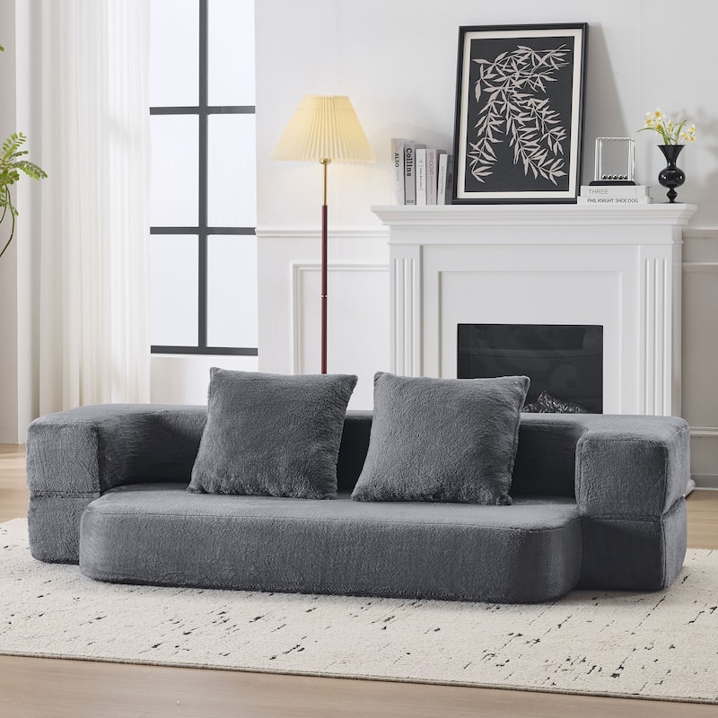 74.81" Faux Fur 3-in-1 3-Seater Floor Sofa, Converts to Bed with Memory Foam