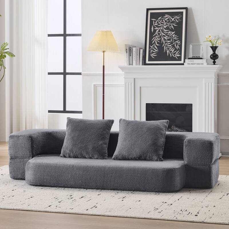 Transformable Sectional Sofa with 3 Ottomans - Fold-Out Bed, Light Grey Chenille Lounger in Faux Fur