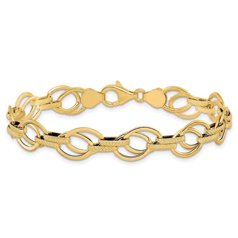 Curata 11mm 14k Yellow Gold Polished and Textured Fancy Link Bracelet 7.5 Inch