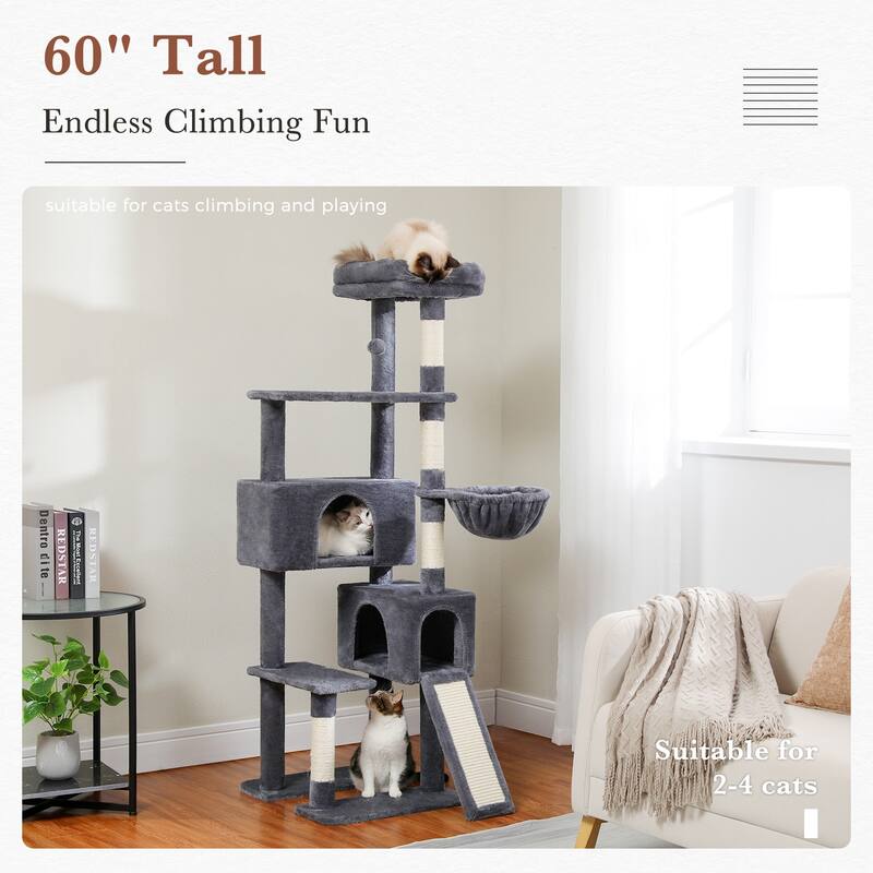 61" Indoor Large Cat Tree Cat Tower with Ladder and Dual Condos