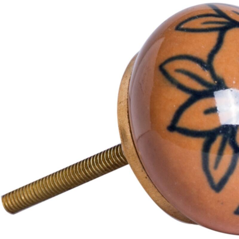 Orange and Black Ceramic Flower Knobs Set of 8 with Gold Finish and Screws - 1.5” x 1.5” x 1.5” (D x W x H)