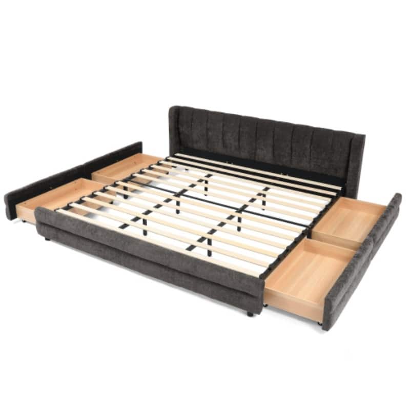 King Upholstered Bed Frame with Storage Drawer, Thick Padded Headboard & Solid Frame in Chenille Fabric