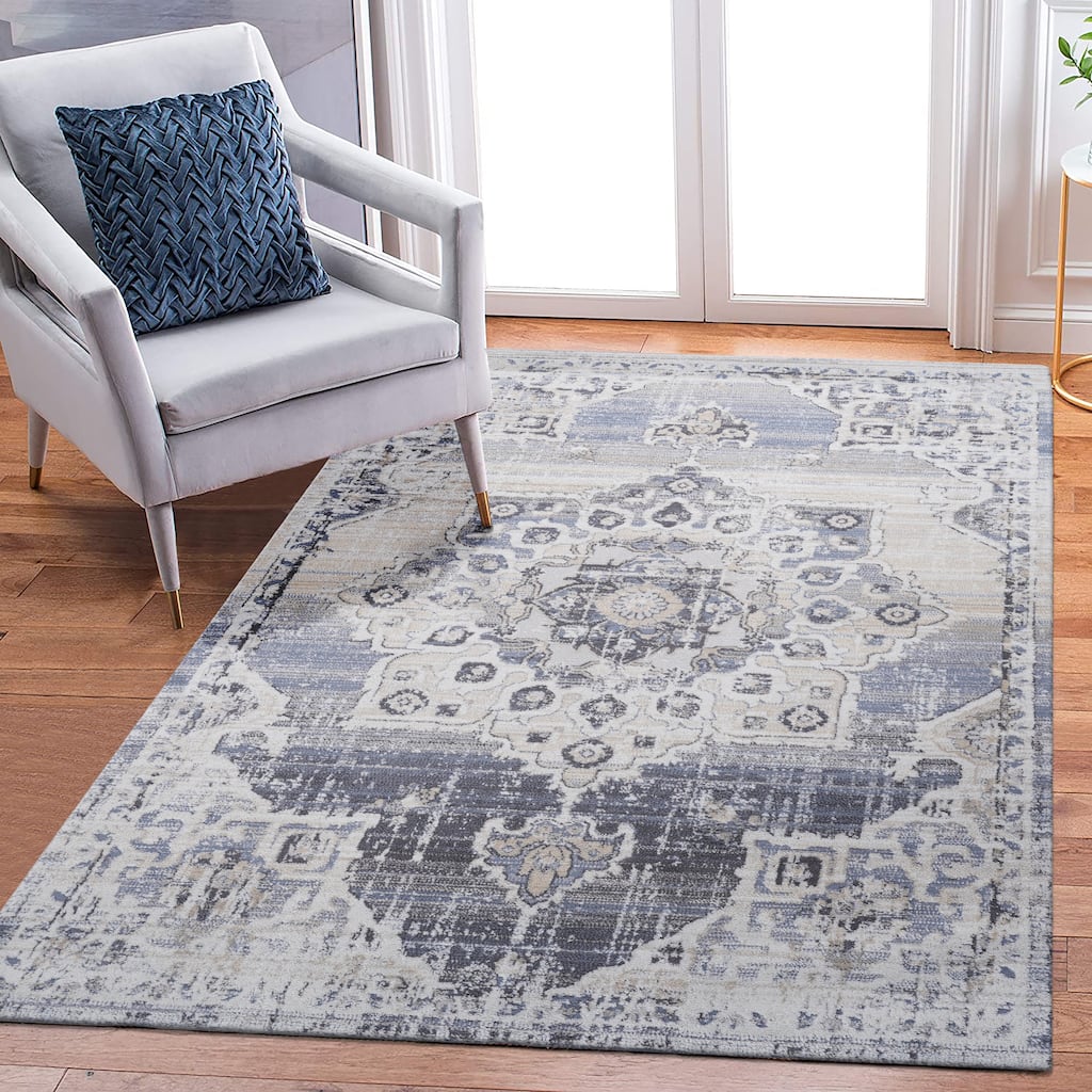 Roomfitters 6x9 Machine Washable Boho Vintage Area Rug, Non-Slip Pet Friendly Indoor Living Room Decor Carpet - Cream+Blue