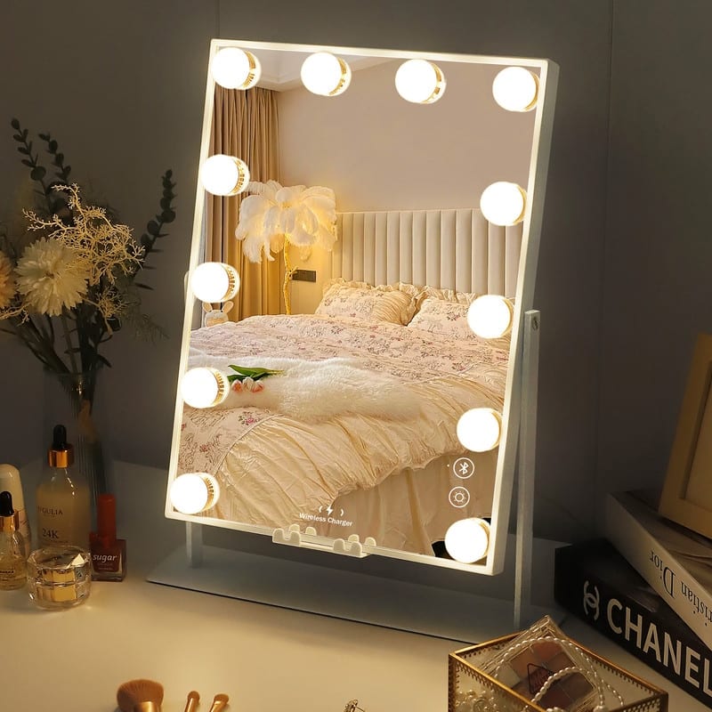 VANITII Hollywood Vanity Makeup Mirror With 12 LED Bulbs Wireless Charge White Bluetooth 10X Magnifying Glass Smart Control