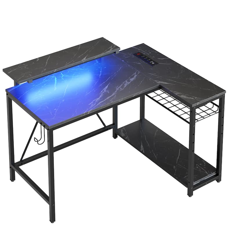 Bestier 42" Gaming Desk with Power Outlets, L-Shaped Desk with LED Lights and Reversible